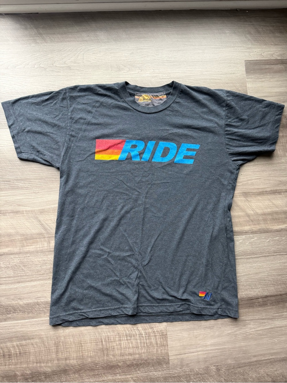 Aviator Nation Charcoal 'RIDE' Graphic Tee with Red, Yellow & Blue PrintAviator